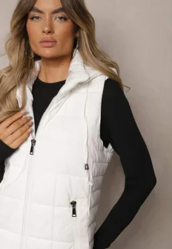 Biała Kamizelka Ozdobiona Pikowaniem i Odpinanym Kapturem Atoria