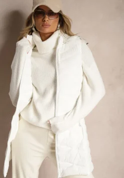 Biała Kamizelka Pikowana z Kieszeniami i Odpinanym Kapturem Sailenne