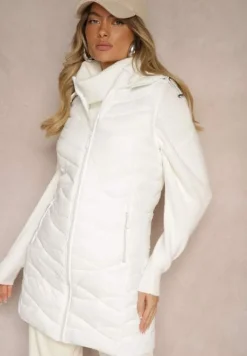 Biała Kamizelka Pikowana z Kieszeniami i Odpinanym Kapturem Sailenne