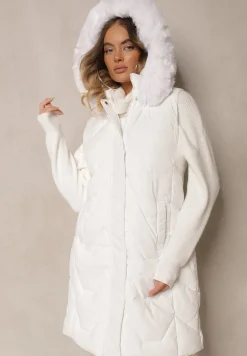 Biała Kamizelka Pikowana z Kapturem i Odczepianym Futerkiem Innaleia