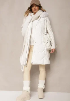 Biała Kamizelka Pikowana z Kapturem i Odczepianym Futerkiem Innaleia