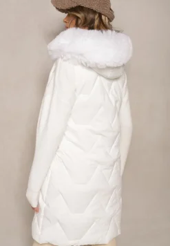 Biała Kamizelka Pikowana z Kapturem i Odczepianym Futerkiem Innaleia