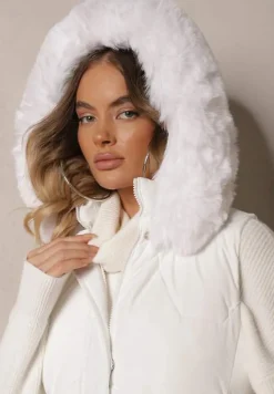 Biała Kamizelka Pikowana z Kapturem i Odczepianym Futerkiem Innaleia