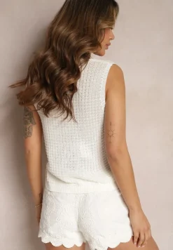 Biała Kamizelka Top z Szydełkowej Dzianiny ze Sznureczkami Ringloa