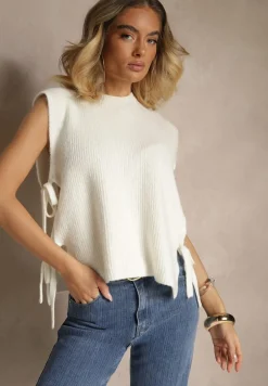 Biała Kamizelka z Dzianiny z Wełną i Wiskozą Zdobiona Wiązaniami Annivoriae