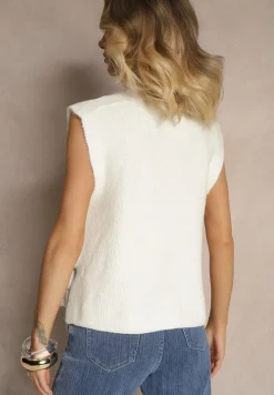 Biała Kamizelka z Dzianiny z Wełną i Wiskozą Zdobiona Wiązaniami Annivoriae