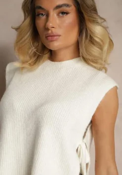 Biała Kamizelka z Dzianiny z Wełną i Wiskozą Zdobiona Wiązaniami Annivoriae