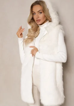 Biała Kamizelka z Futerkiem i Kapturem o Prostym Kroju Sinavira
