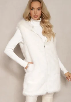 Biała Kamizelka z Futerkiem i Kapturem o Prostym Kroju Sinavira