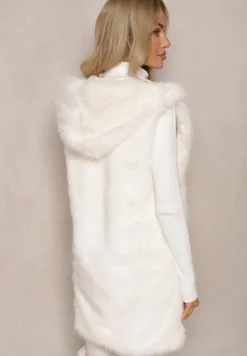 Biała Kamizelka z Futerkiem i Kapturem o Prostym Kroju Sinavira