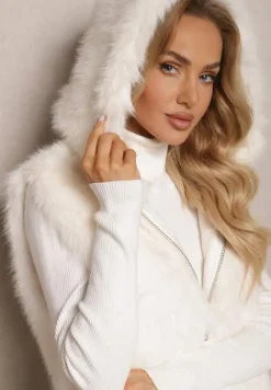 Biała Kamizelka z Futerkiem i Kapturem o Prostym Kroju Sinavira