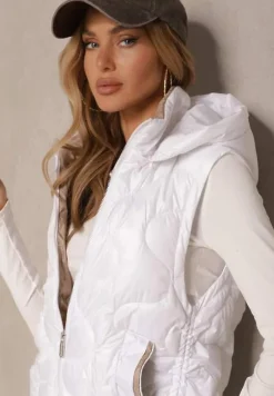 Biała Kamizelka z Odpinanym Kapturem Ozdobnie Pikowana Silzeki