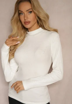 Biała Klasyczna Bluzka Welurowa z Półgolfem Ansellea