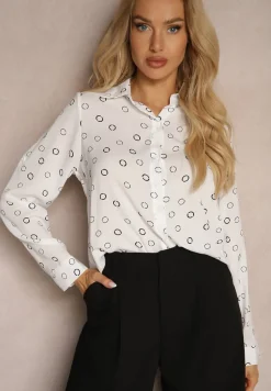 Biała Klasyczna Koszula Ozdobiona Wzorem w Drobne Kółeczka Irithany