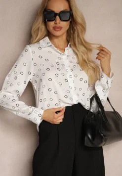 Biała Klasyczna Koszula Ozdobiona Wzorem w Drobne Kółeczka Irithany
