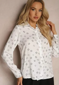 Biała Klasyczna Koszula Ozdobiona Wzorem w Drobne Kółeczka Irithany
