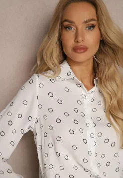 Biała Klasyczna Koszula Ozdobiona Wzorem w Drobne Kółeczka Irithany
