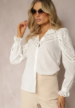 Biała Klasyczna Koszula w Stylu Boho z Bawełny z Ażurową Koronką Tilhila
