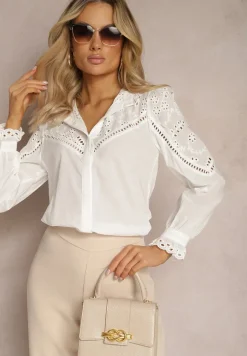 Biała Klasyczna Koszula w Stylu Boho z Bawełny z Ażurową Koronką Tilhila