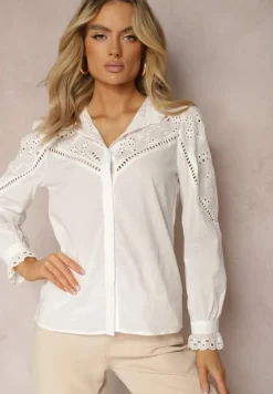 Biała Klasyczna Koszula w Stylu Boho z Bawełny z Ażurową Koronką Tilhila