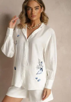 Biała Klasyczna Koszula z Wiskozą z Haftowanymi Zdobieniami Korolena