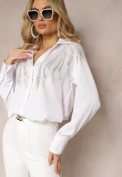 Biała Klasyczna Koszula z Naszywkami Cekinami i Koralikami Sarkia