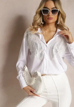 Biała Klasyczna Koszula z Naszywkami Cekinami i Koralikami Sarkia