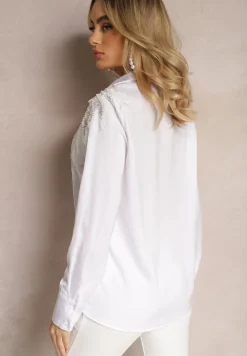 Biała Klasyczna Koszula z Naszywkami Cekinami i Koralikami Sarkia