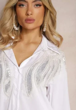 Biała Klasyczna Koszula z Naszywkami Cekinami i Koralikami Sarkia