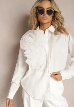 Biała Klasyczna Koszula z Oryginalną Ozdobą z Transparentnej Tkaniny Feoria