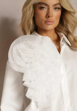 Biała Klasyczna Koszula z Oryginalną Ozdobą z Transparentnej Tkaniny Feoria