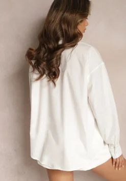 Biała Klasyczna Koszula z Aplikacją 3D z Kwiatowym Motywem Xirena