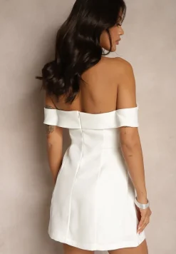 Biała Koktajlowa Sukienka Bandeau z Zakładką Przy Dekolcie Milzemis