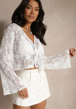 Biała Koronkowa Bluzka z Bawełną i Wiązaniem Elniran