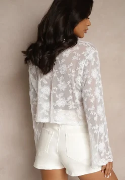 Biała Koronkowa Bluzka z Bawełną i Wiązaniem Elniran