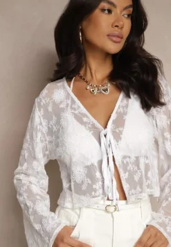 Biała Koronkowa Bluzka z Bawełną i Wiązaniem Elniran