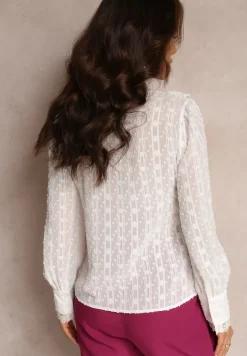 Biała Koronkowa Bluzka z Falbankami i Metaliczną Nitką Otha