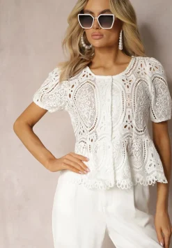 Biała Koronkowa Bluzka z Guzikami Wisterria