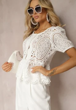 Biała Koronkowa Bluzka z Guzikami Wisterria