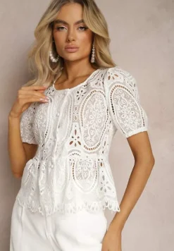 Biała Koronkowa Bluzka z Guzikami Wisterria