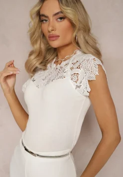Biała Koronkowa Bluzka z Krótkim Rękawem Tanishe