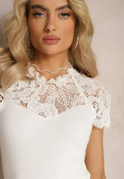 Biała Koronkowa Bluzka z Krótkim Rękawem Tanishe