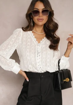 Biała Koronkowa Bluzka z Metaliczną Nitką Maliso