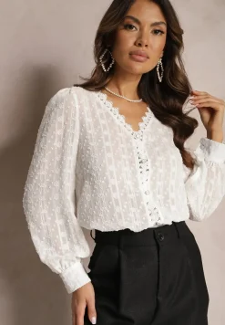 Biała Koronkowa Bluzka z Metaliczną Nitką Maliso
