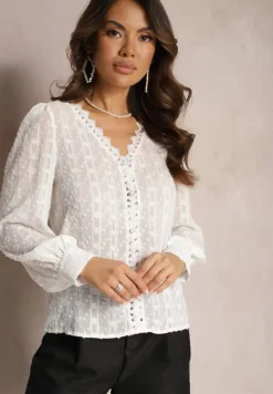 Biała Koronkowa Bluzka z Metaliczną Nitką Maliso