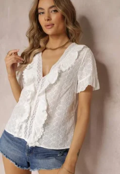 Biała Koronkowa Bluzka Zdobiona Falbankami i Haftem z Bawełny Jadina