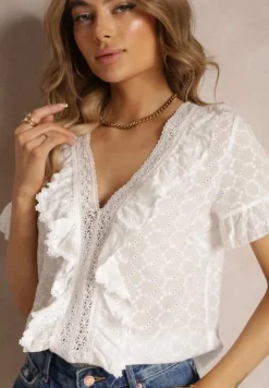 Biała Koronkowa Bluzka Zdobiona Falbankami i Haftem z Bawełny Jadina