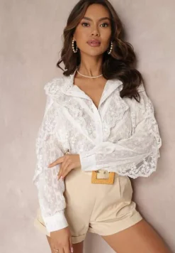 Biała Koronkowa Koszula z Błyszczącą Nitką i Siateczką Navies