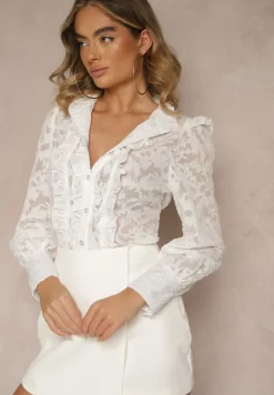 Biała Koronkowa Koszula Zdobiona Biżuteryjnymi Guzikami Lormi