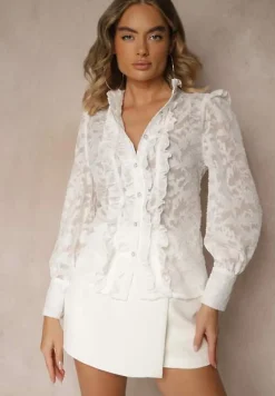 Biała Koronkowa Koszula Zdobiona Biżuteryjnymi Guzikami Lormi